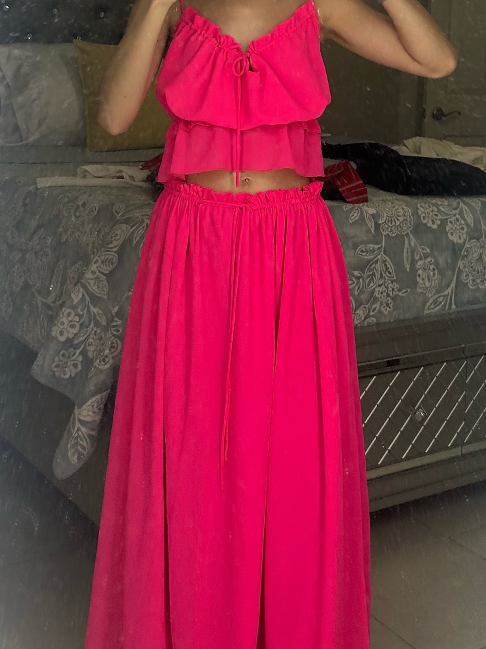 PEPPERMAYO Women's Hot Pink Ruffled Maxi Skirt Set